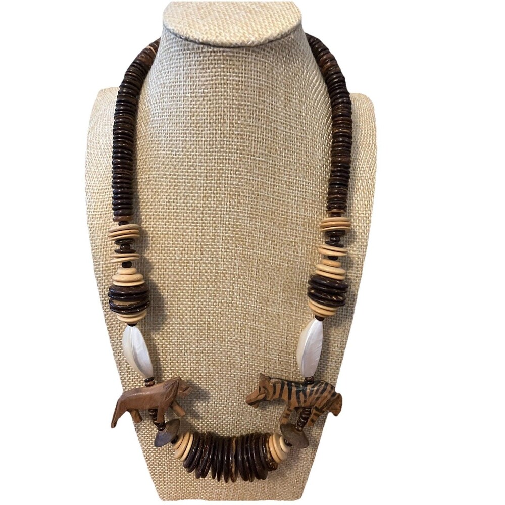 Vintage Tribal Wooden Statement Necklace Hand Carved Lion Tiger Boho Ethnic
